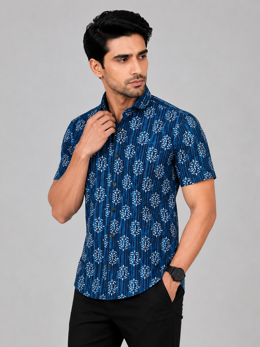 KURAJ Men's Navy Blue Printed Half Sleeve Cotton Casual Shirt | Regular Fit Button-Down Shirt