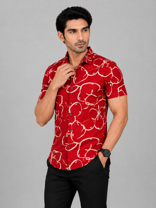 KURAJ Men's Red Floral Printed Slim Fit Casual Shirt | Half Sleeve Cotton Blend Shirt