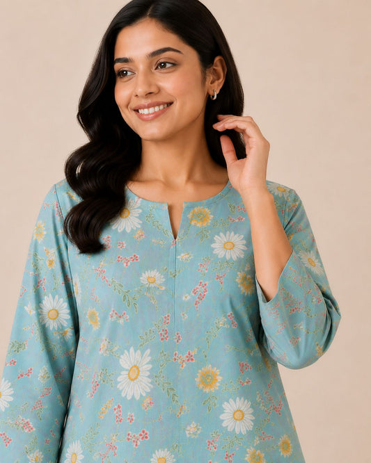 Kuraj Tunic Pant Co-ords Set - Soft Floral Daisy Print