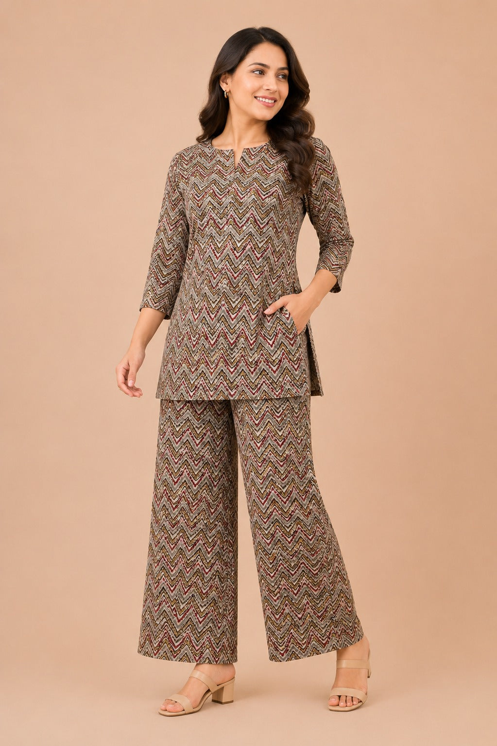 Kuraj Top Palazzos Co-ords Set - Zigzag Geometric Print
