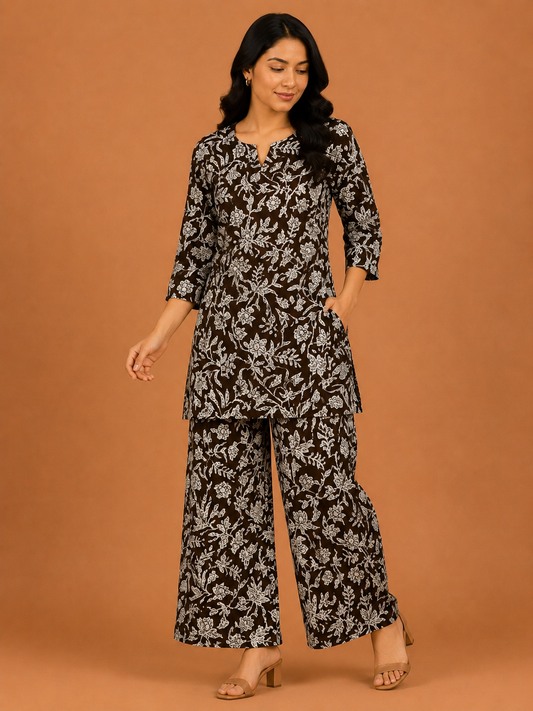 Kuraj Tunic Palazzos Co-ords Set - Botanical Floral Print