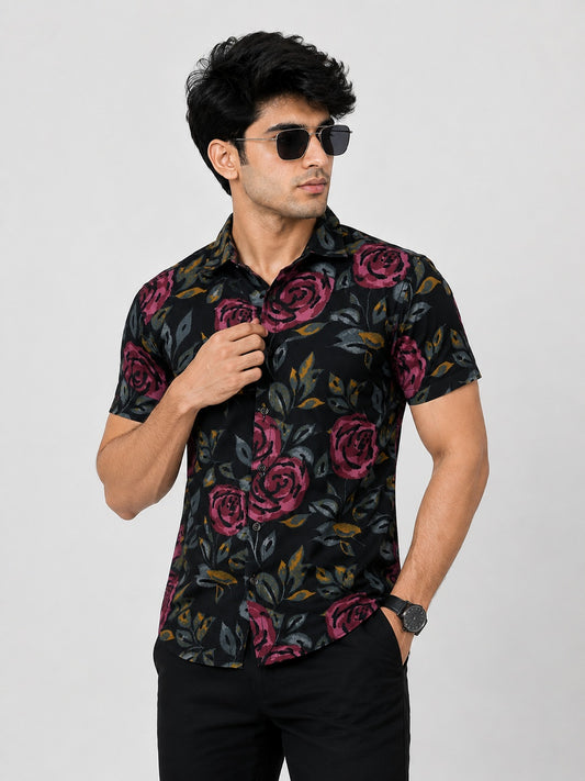 KURAJ Men's Black Floral Print Half Sleeve Cotton Casual Shirt