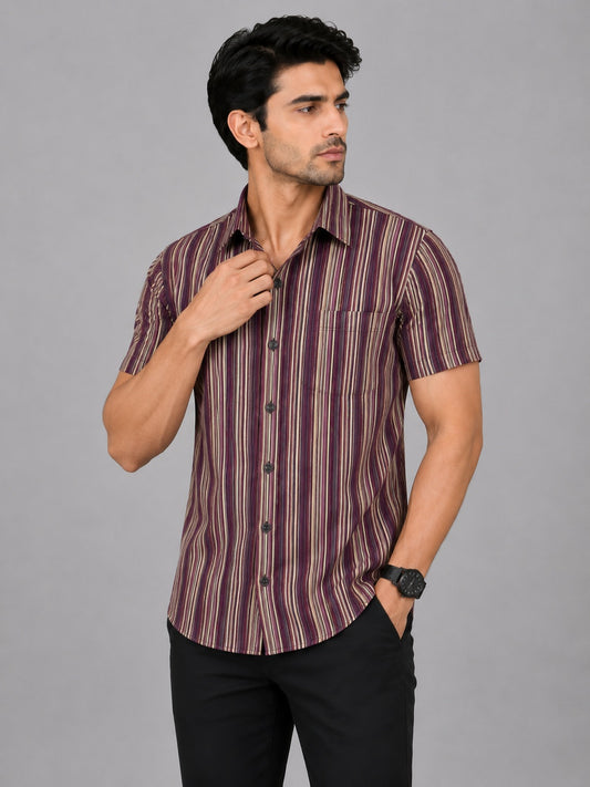 KURAJ Men's Maroon Vertical Striped Slim Fit Half Sleeve Casual Shirt