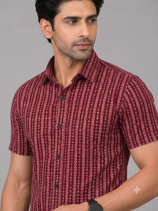 KURAJ Men's Maroon Geometric Striped Regular Fit Half Sleeve Casual Shirt