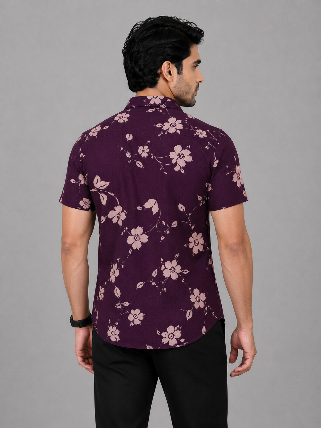 KURAJ Men's Wine Floral Printed Regular Fit Half Sleeve Casual Shirt