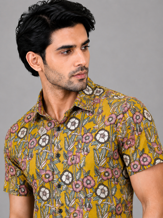 KURAJ Men's Mustard Yellow Floral Printed Regular Fit Half Sleeve Casual Shirt