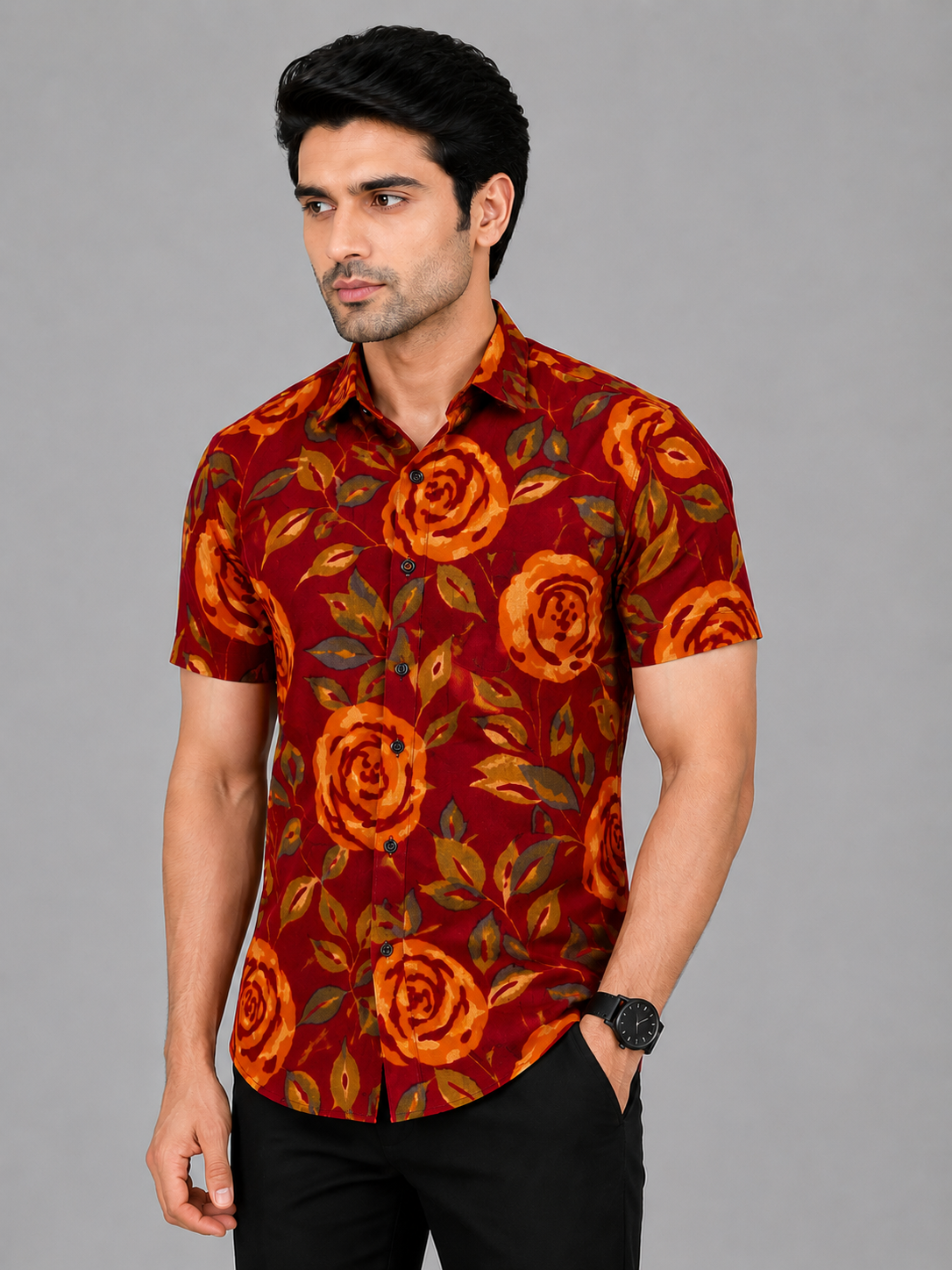 KURAJ Men's Maroon Rose Floral Printed Regular Fit Half Sleeve Casual Shirt