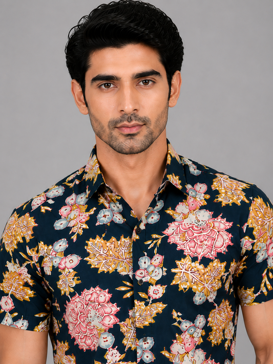 KURAJ Men's Navy Blue Floral Printed Regular Fit Half Sleeve Casual Shirt