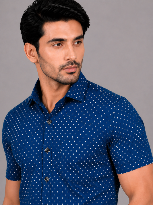 KURAJ Men's Navy Blue Micro Dot Printed Regular Fit Half Sleeve Casual Shirt