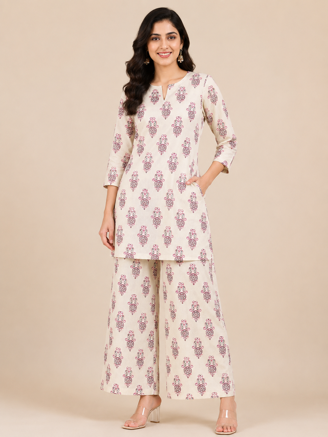 Kuraj Tunic Palazzos Co-ords Set - Beige Printed
