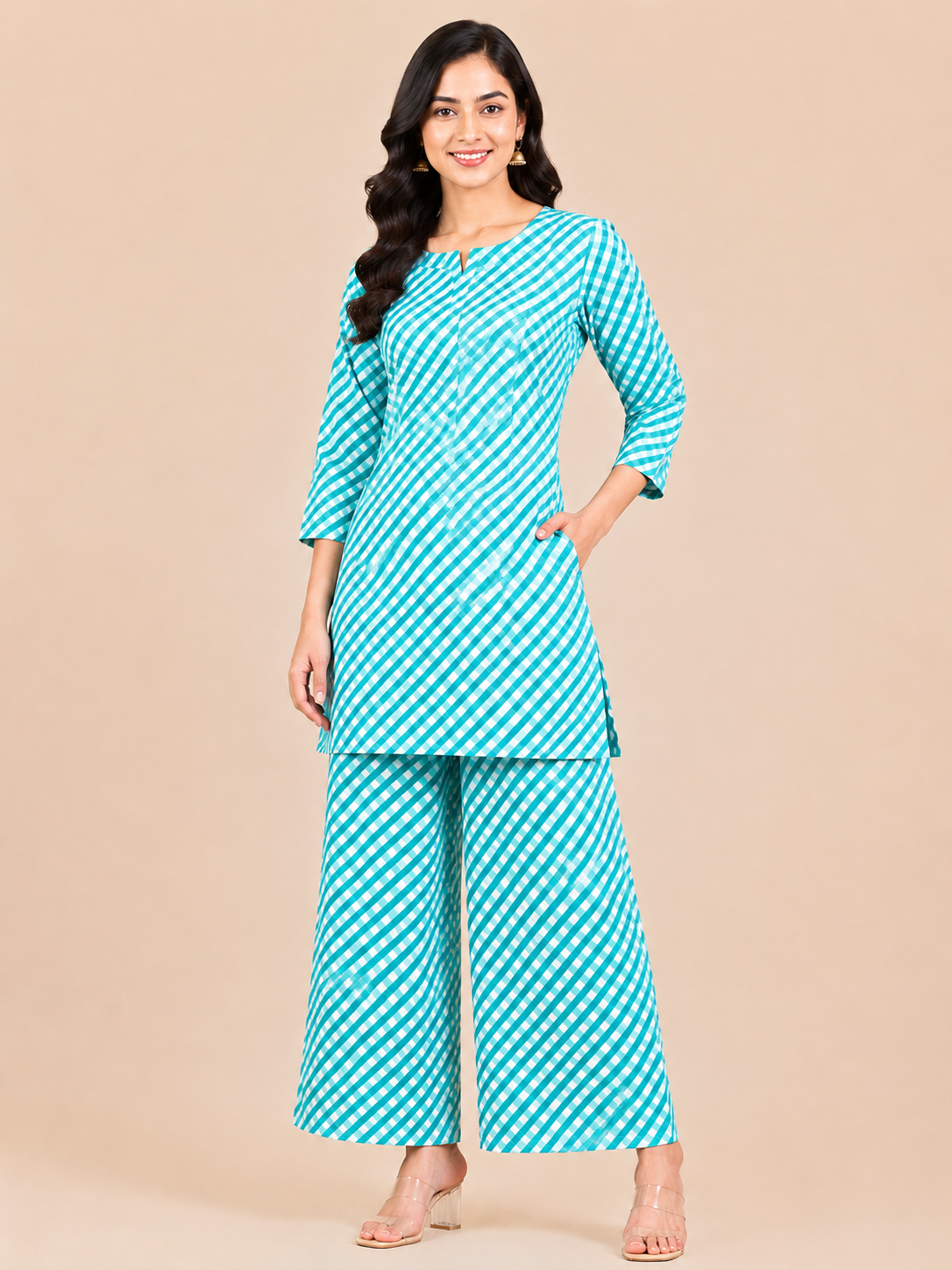 Kuraj Tunic Palazzos Co-ords Set - Checked Print