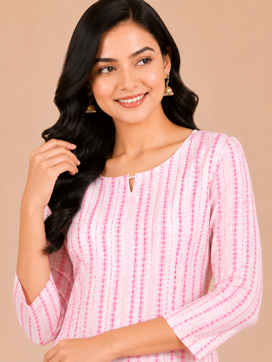 Kuraj Kurta & Straight Pants Co-ords Set - Blush Pink Print