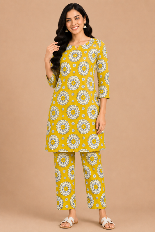 Kuraj Tunic Pant Co-ords Set - Floral Medallion Print
