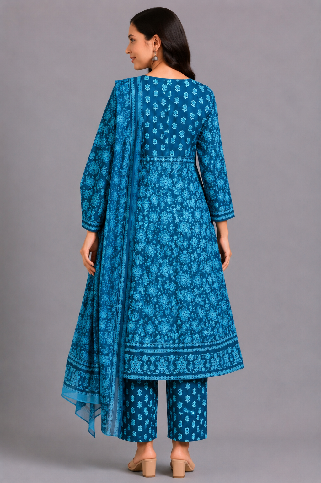KURAJ Women's Teal Blue Floral Printed Kurta Pant with Dupatta Set
