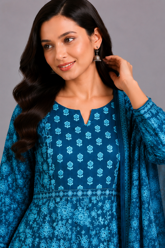 KURAJ Women's Teal Blue Floral Printed Kurta Pant with Dupatta Set