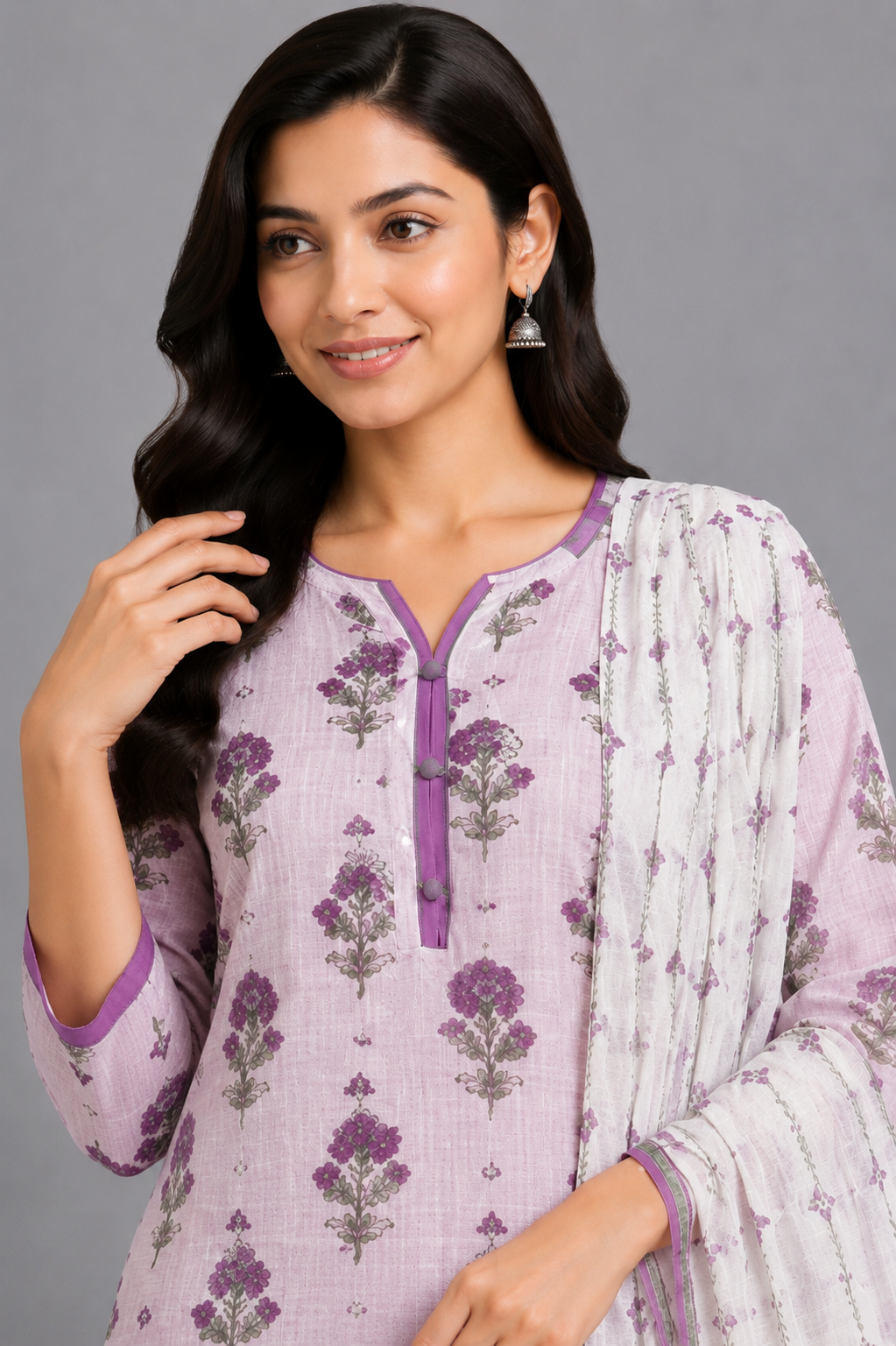 KURAJ Women's Lavender Floral Printed Kurta Pant with Dupatta Set