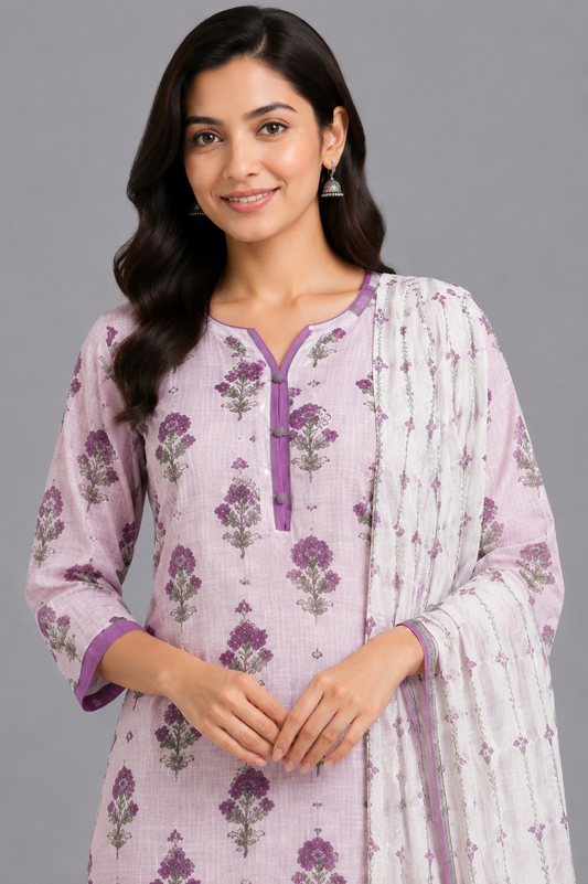 KURAJ Women's Lavender Floral Printed Kurta Pant with Dupatta Set