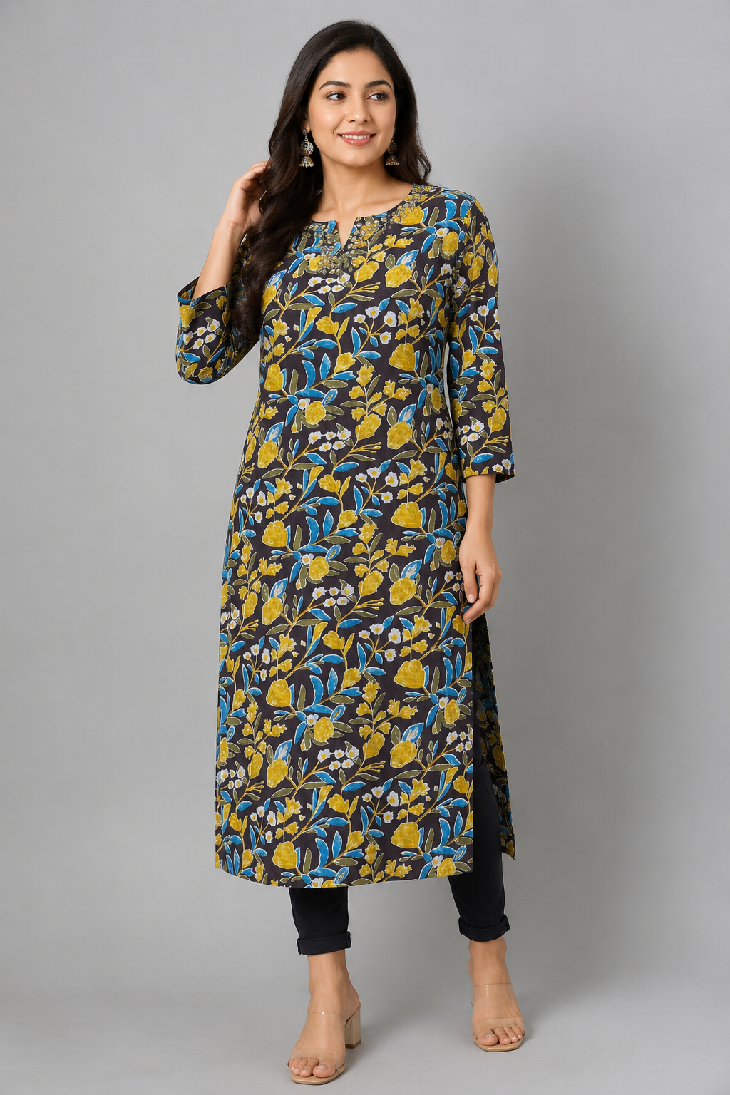KURAJ Women's Floral Printed Cotton Blend Straight Kurta with 3/4 Sleeves