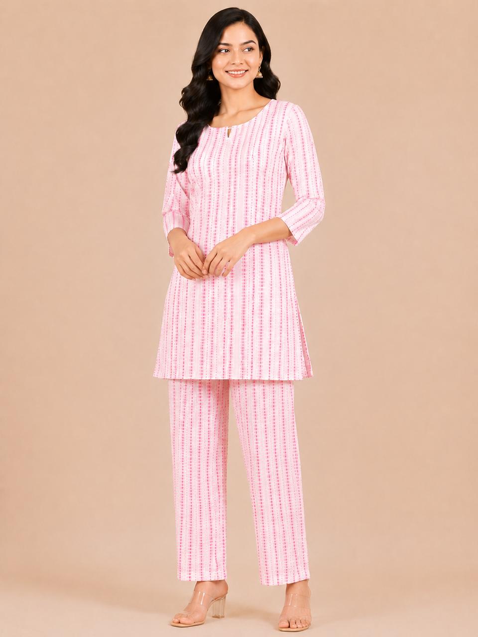 Kuraj Kurta & Straight Pants Co-ords Set - Blush Pink Print