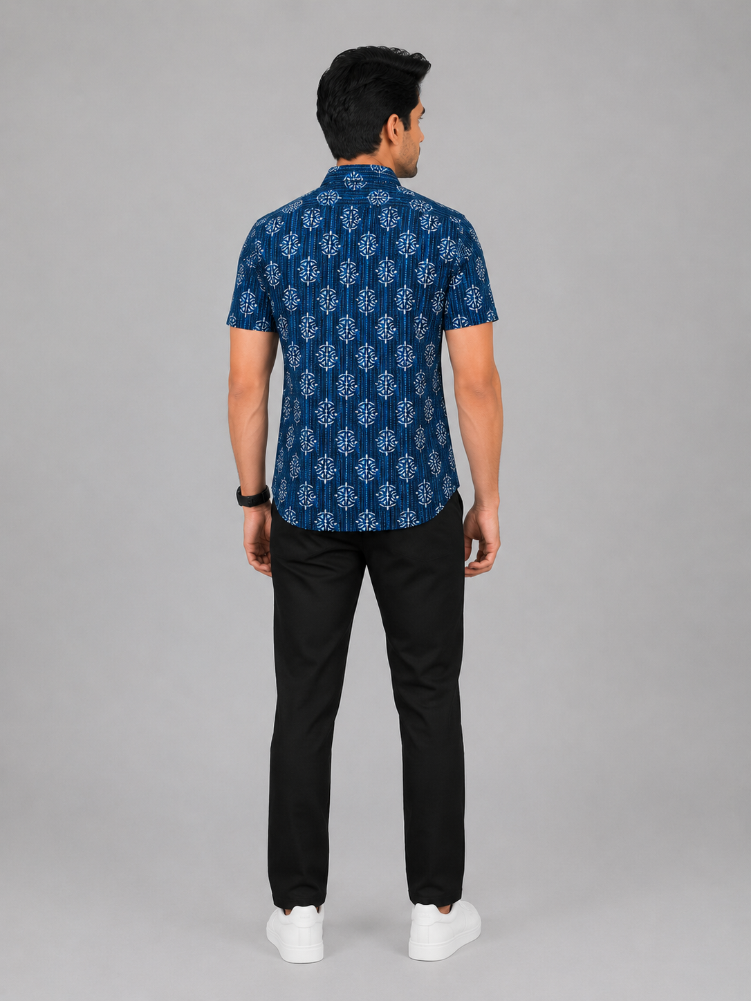 KURAJ Men's Navy Blue Printed Half Sleeve Cotton Casual Shirt | Regular Fit Button-Down Shirt