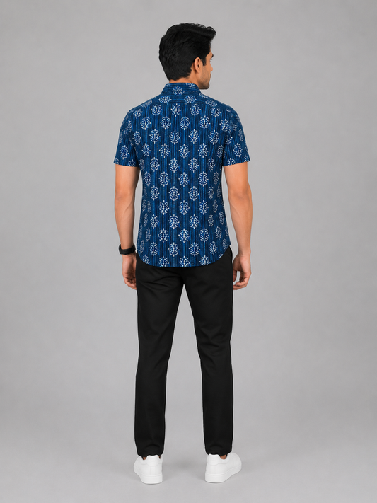KURAJ Men's Navy Blue Printed Half Sleeve Cotton Casual Shirt | Regular Fit Button-Down Shirt