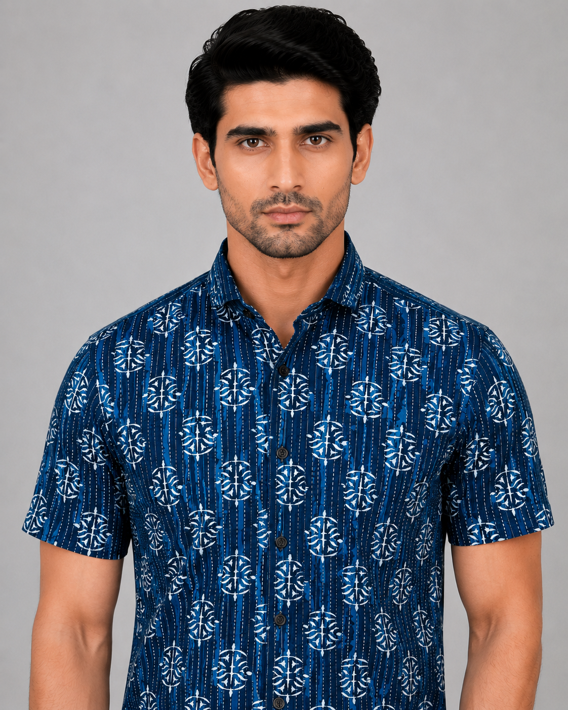 KURAJ Men's Navy Blue Printed Half Sleeve Cotton Casual Shirt | Regular Fit Button-Down Shirt