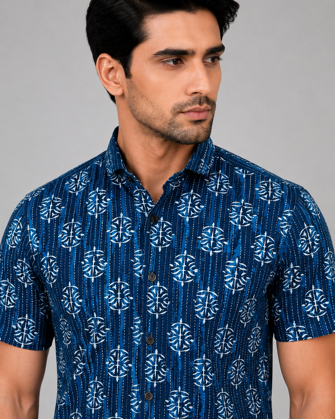 KURAJ Men's Navy Blue Printed Half Sleeve Cotton Casual Shirt | Regular Fit Button-Down Shirt