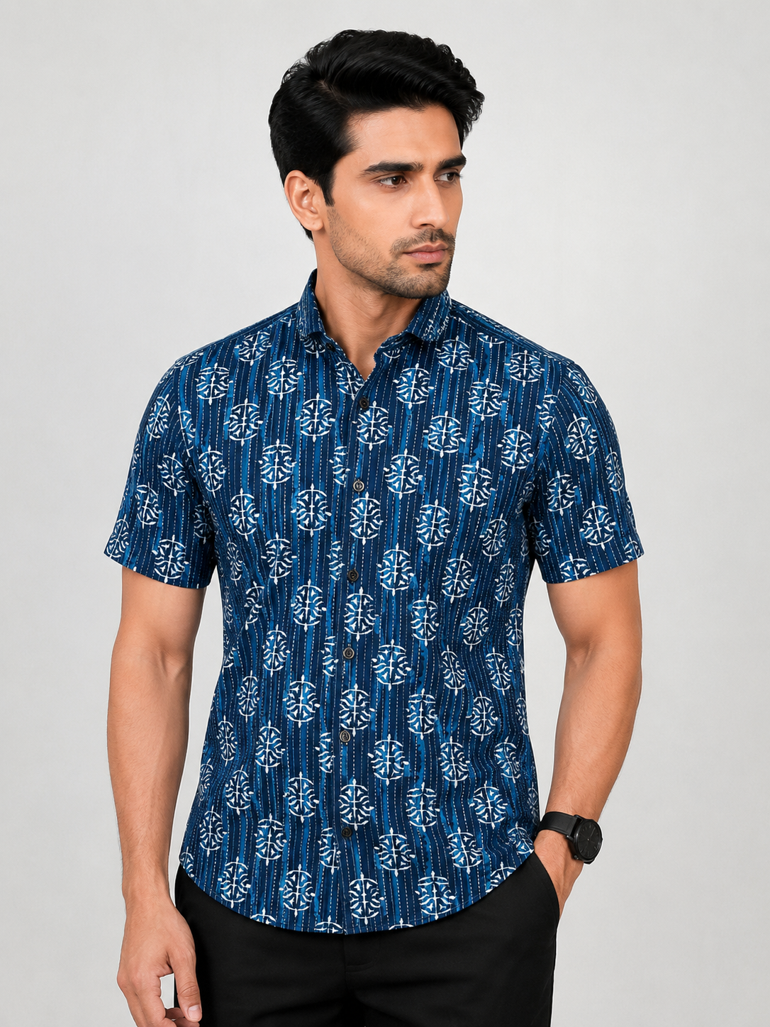 KURAJ Men's Navy Blue Printed Half Sleeve Cotton Casual Shirt | Regular Fit Button-Down Shirt