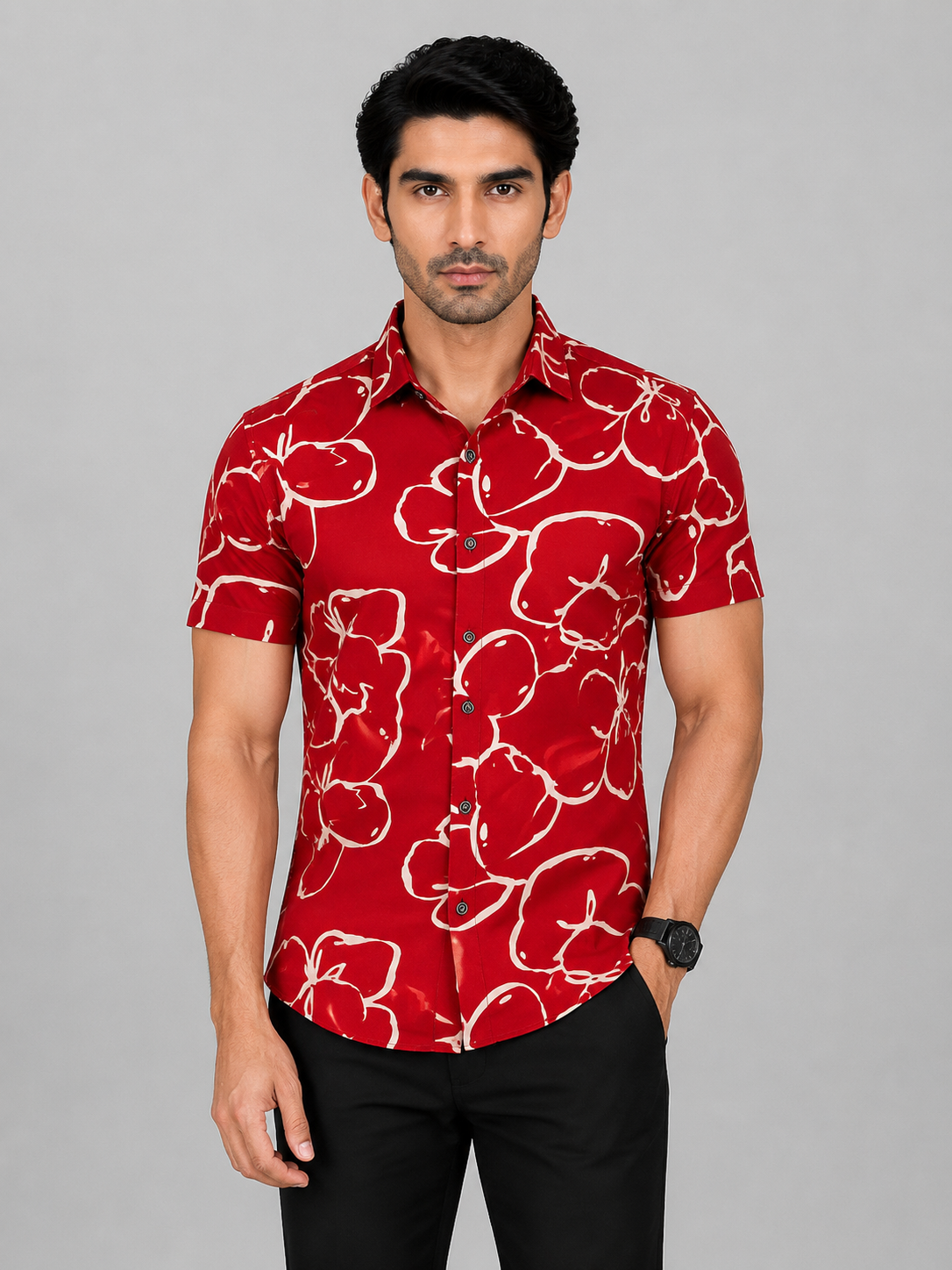 KURAJ Men's Red Floral Printed Slim Fit Casual Shirt | Half Sleeve Cotton Blend Shirt