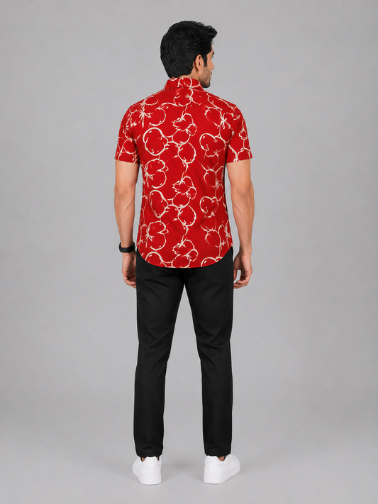 KURAJ Men's Red Floral Printed Slim Fit Casual Shirt | Half Sleeve Cotton Blend Shirt
