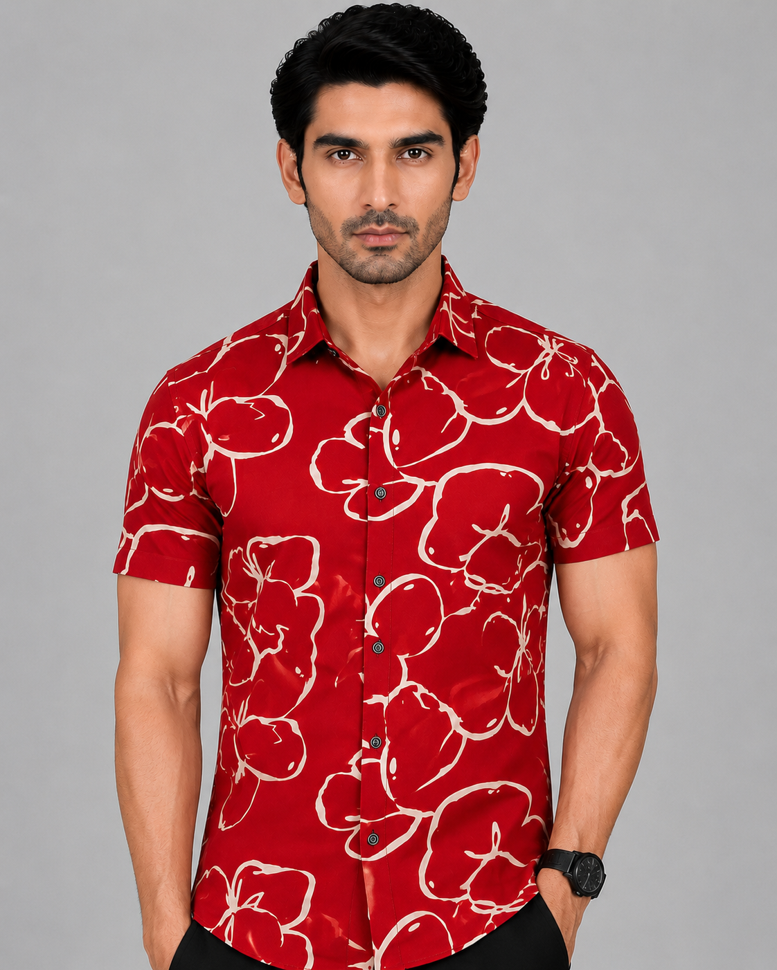 KURAJ Men's Red Floral Printed Slim Fit Casual Shirt | Half Sleeve Cotton Blend Shirt