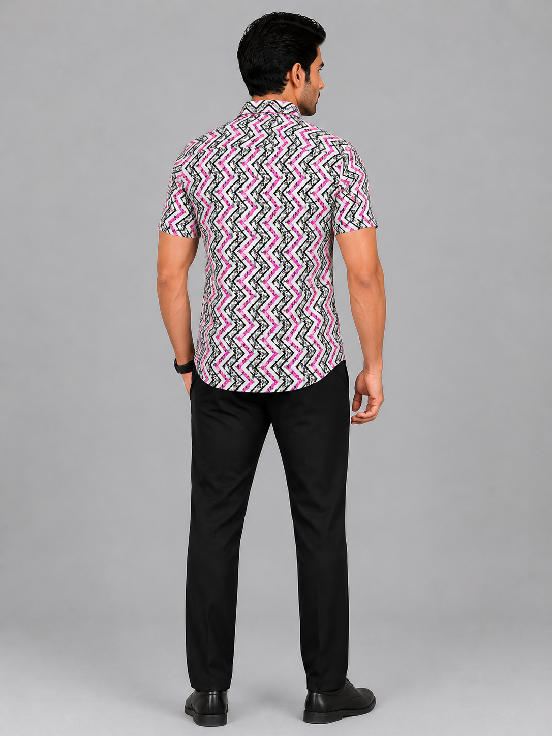 KURAJ Men's White & Pink Geometric Printed Slim Fit Casual Shirt | Half Sleeves | Spread Collar