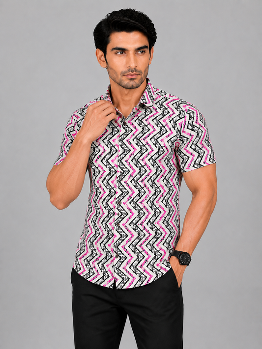 KURAJ Men's White & Pink Geometric Printed Slim Fit Casual Shirt | Half Sleeves | Spread Collar