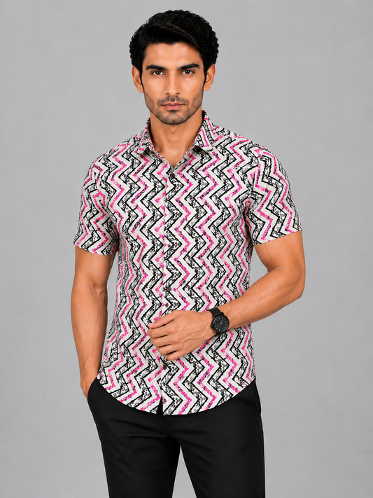 KURAJ Men's White & Pink Geometric Printed Slim Fit Casual Shirt | Half Sleeves | Spread Collar