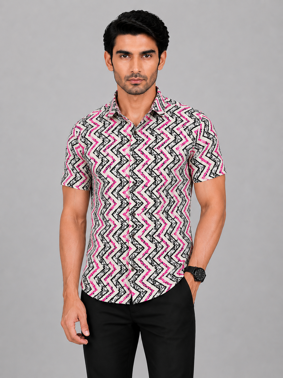 KURAJ Men's White & Pink Geometric Printed Slim Fit Casual Shirt | Half Sleeves | Spread Collar
