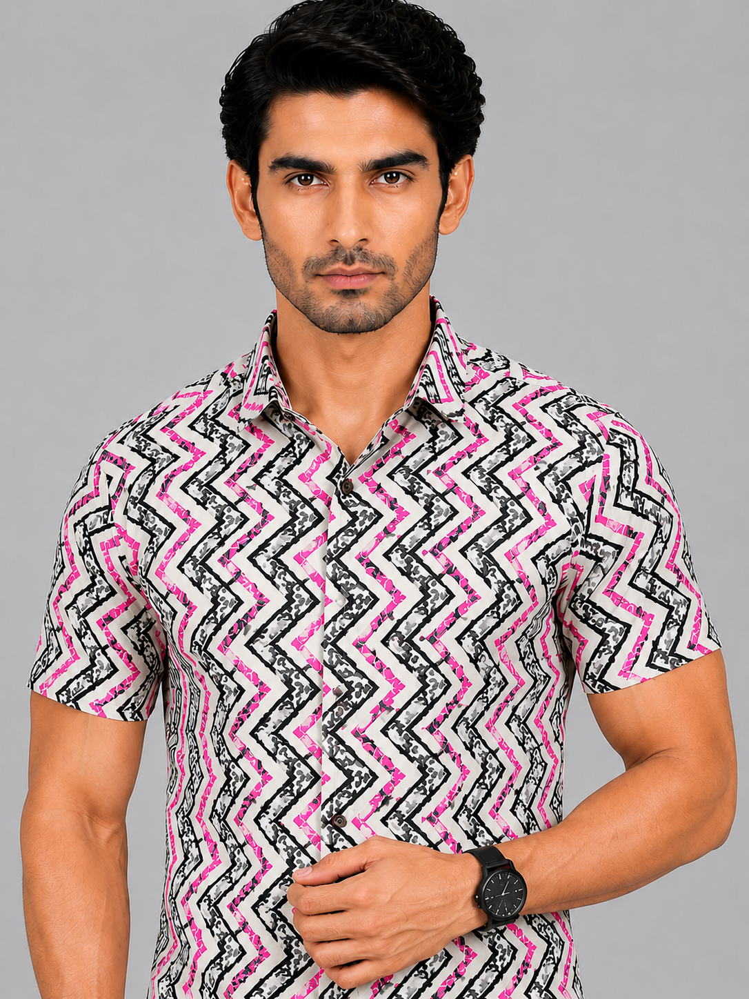 KURAJ Men's White & Pink Geometric Printed Slim Fit Casual Shirt | Half Sleeves | Spread Collar