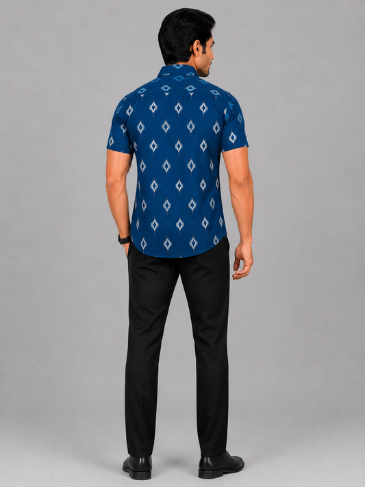 KURAJ Men's Navy Blue Ikat Printed Slim Fit Casual Shirt | Half Sleeves | Spread Collar