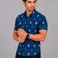 KURAJ Men's Navy Blue Ikat Printed Slim Fit Casual Shirt | Half Sleeves | Spread Collar