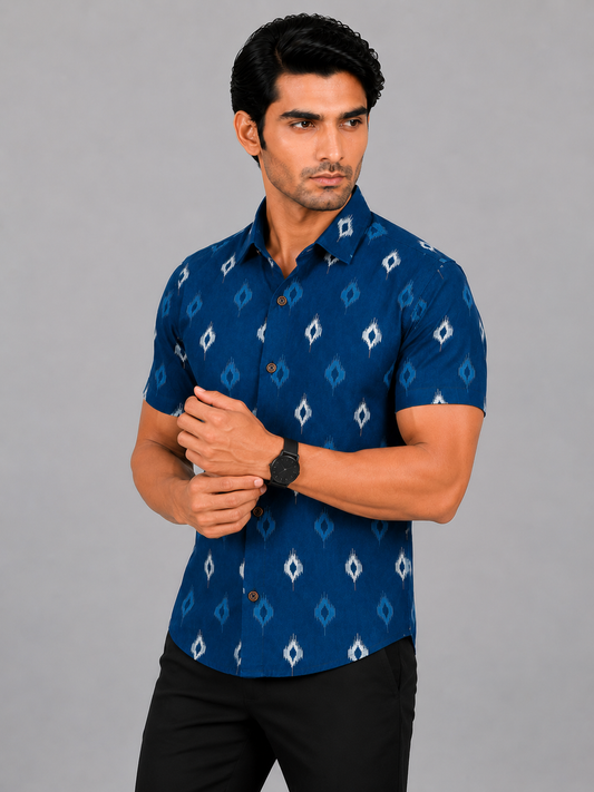 KURAJ Men's Navy Blue Ikat Printed Slim Fit Casual Shirt | Half Sleeves | Spread Collar