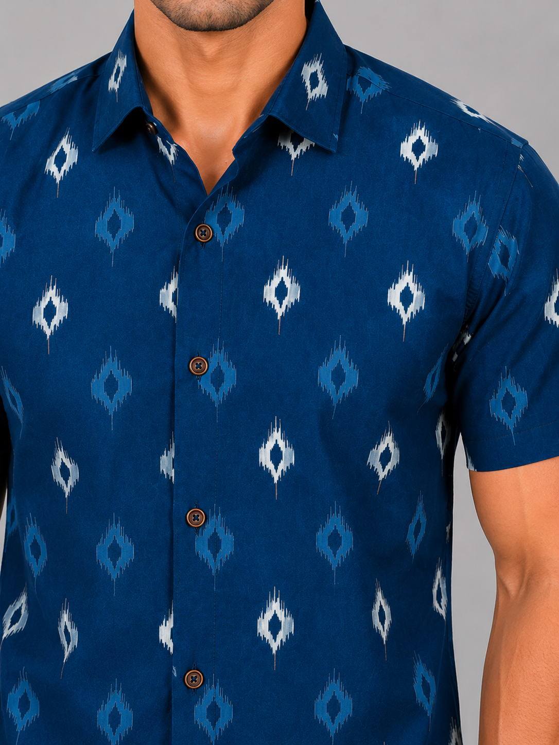 KURAJ Men's Navy Blue Ikat Printed Slim Fit Casual Shirt | Half Sleeves | Spread Collar