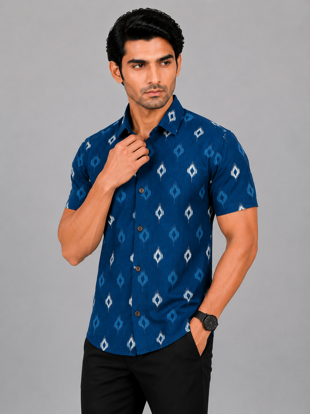 KURAJ Men's Navy Blue Ikat Printed Slim Fit Casual Shirt | Half Sleeves | Spread Collar