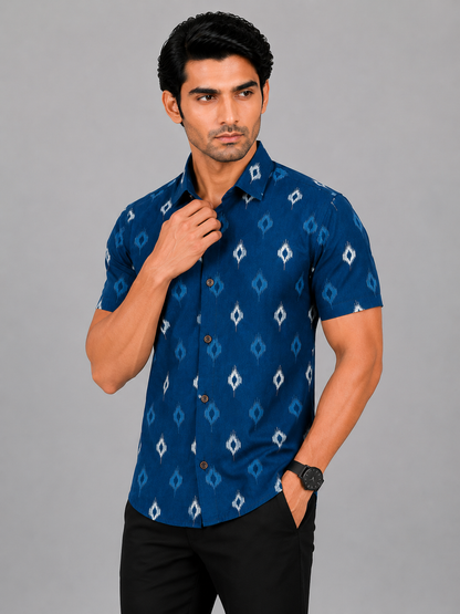 KURAJ Men's Navy Blue Ikat Printed Slim Fit Casual Shirt | Half Sleeves | Spread Collar