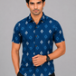 KURAJ Men's Navy Blue Ikat Printed Slim Fit Casual Shirt | Half Sleeves | Spread Collar
