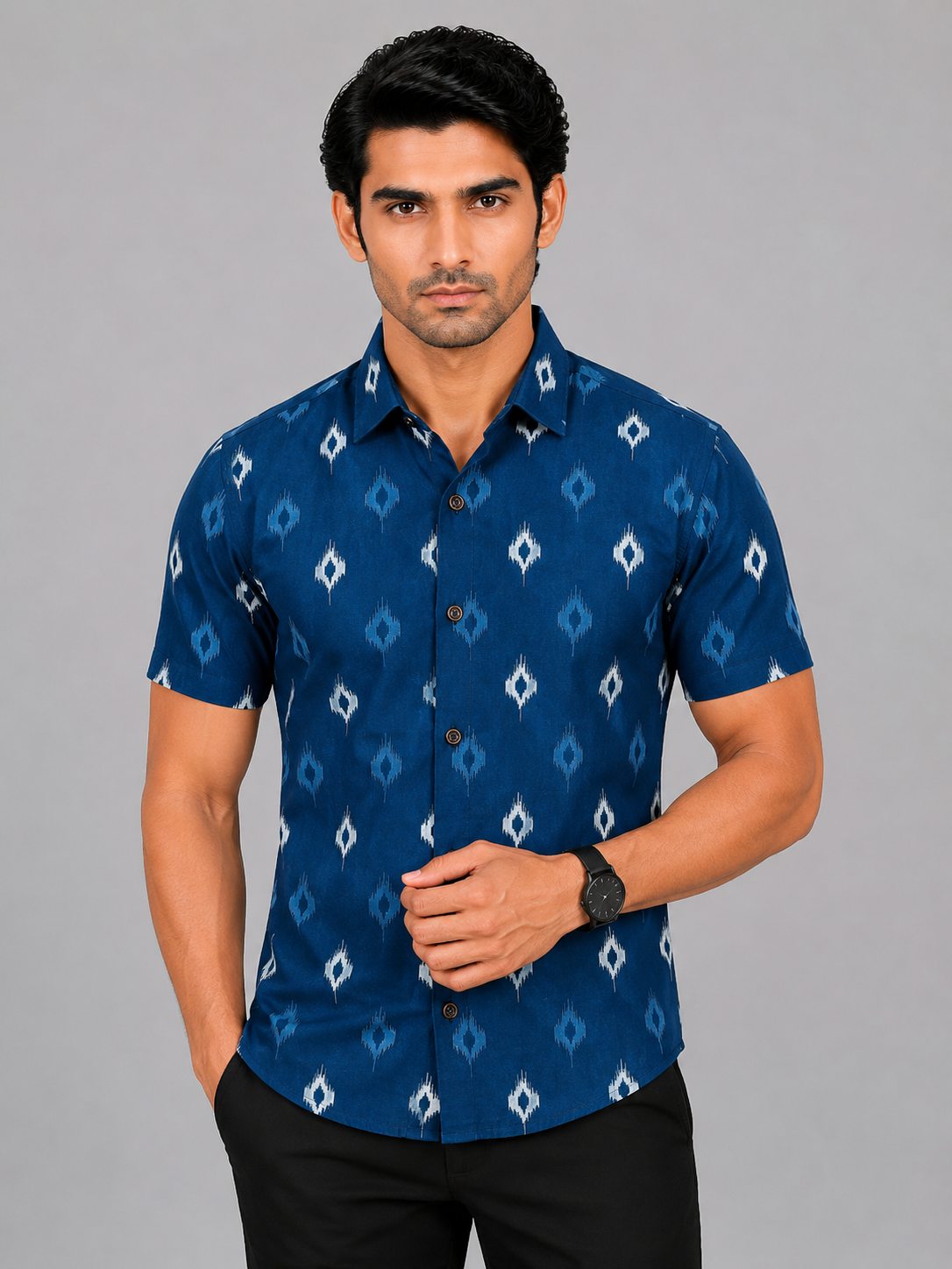 KURAJ Men's Navy Blue Ikat Printed Slim Fit Casual Shirt | Half Sleeves | Spread Collar