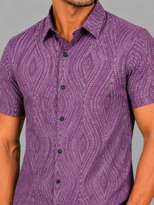 KURAJ Men's Purple Geometric Printed Regular Fit Half Sleeve Cotton Blend Casual Shirt