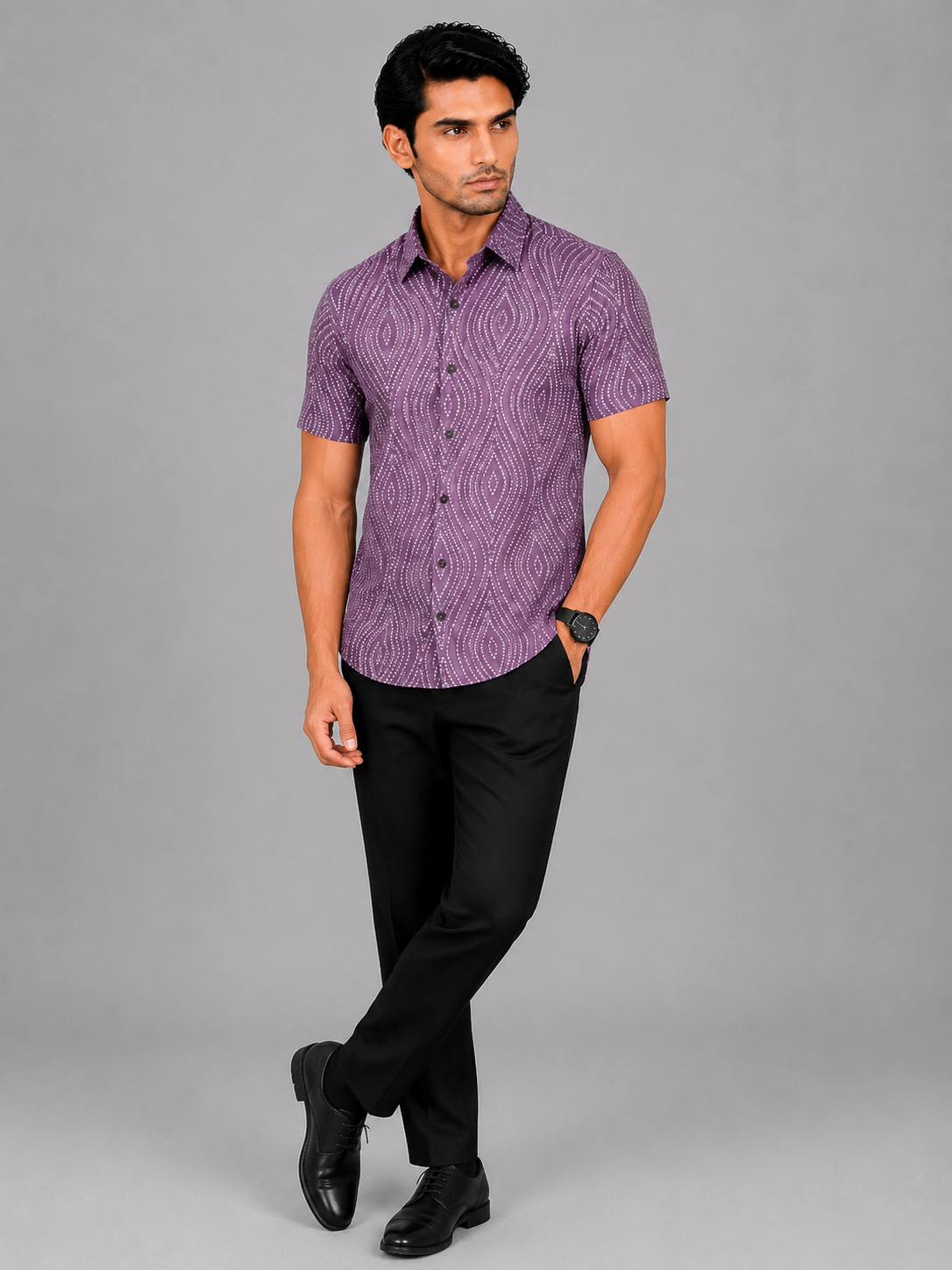 KURAJ Men's Purple Geometric Printed Regular Fit Half Sleeve Cotton Blend Casual Shirt