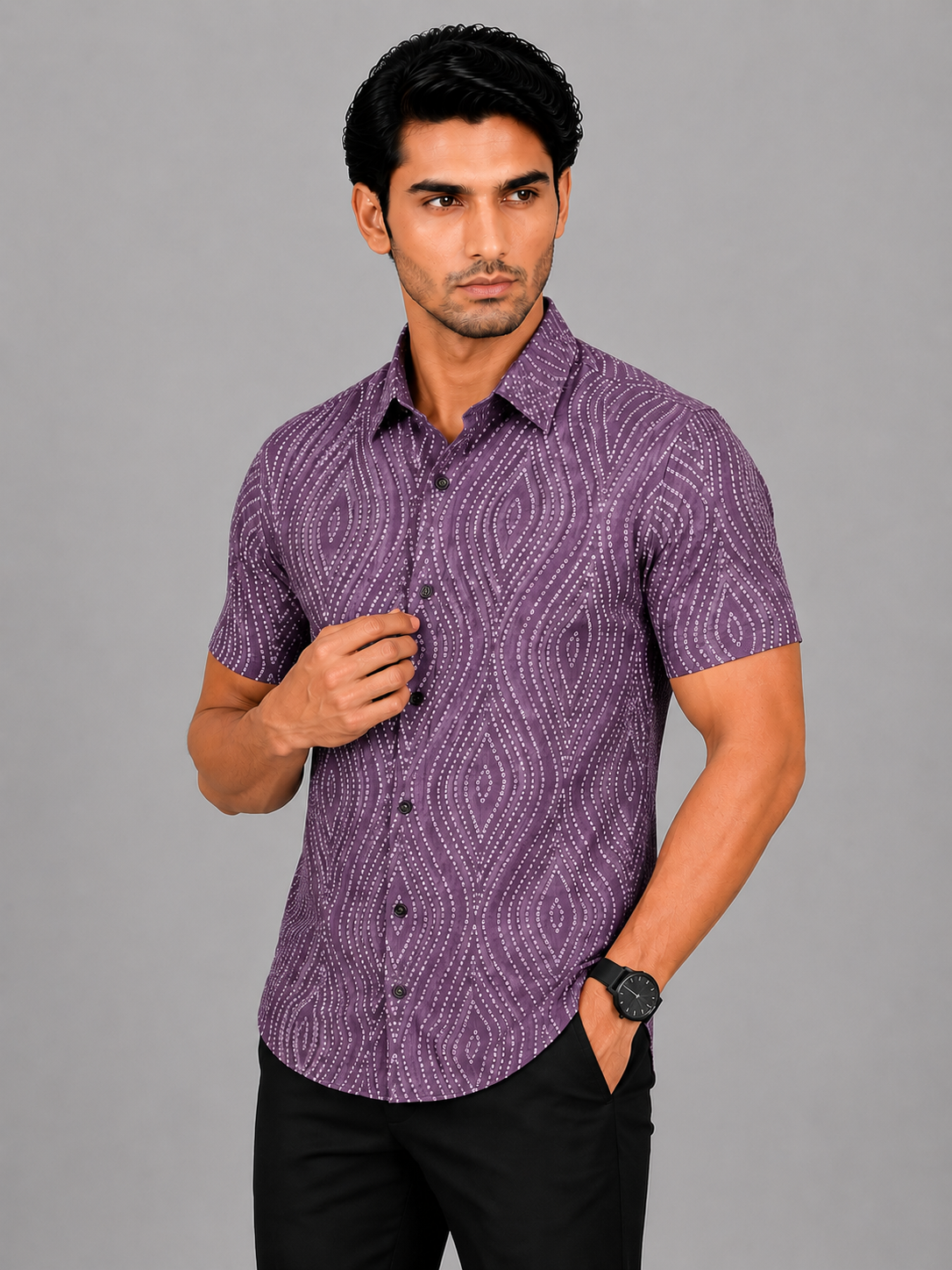KURAJ Men's Purple Geometric Printed Regular Fit Half Sleeve Cotton Blend Casual Shirt