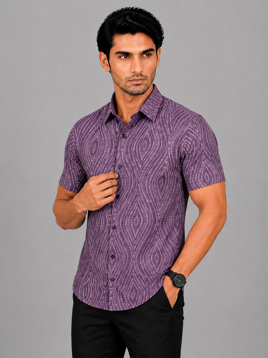 KURAJ Men's Purple Geometric Printed Regular Fit Half Sleeve Cotton Blend Casual Shirt