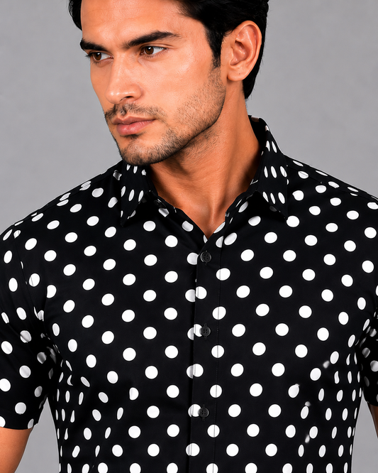 KURAJ Men's Black Polka Dot Printed Regular Fit Half Sleeve Casual Shirt