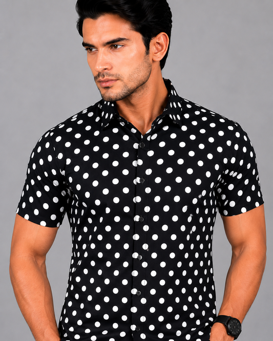 KURAJ Men's Black Polka Dot Printed Regular Fit Half Sleeve Casual Shirt